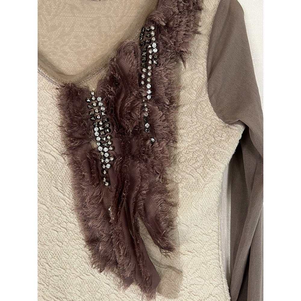 Forla Paris French Designer Taupe Embellished Ruffle Shirt Sz Med  AS IS READ! - Picture 3 of 10
